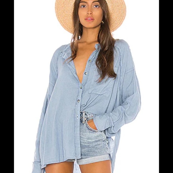 Free People Tops - Free People Light Blue Frayed Collar Shirt